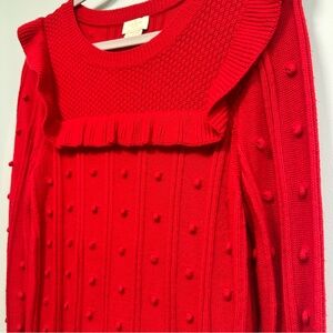 Kate Spade Red Wool Blend Ruffled Yoke Pom Pom Sweater, size Medium